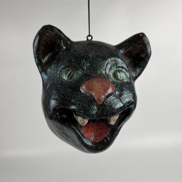 Vtg Folk Art Paper Mache Creepy Hissing Cat‎ Head Ornament Macabre Decor - Picture 4 of 14